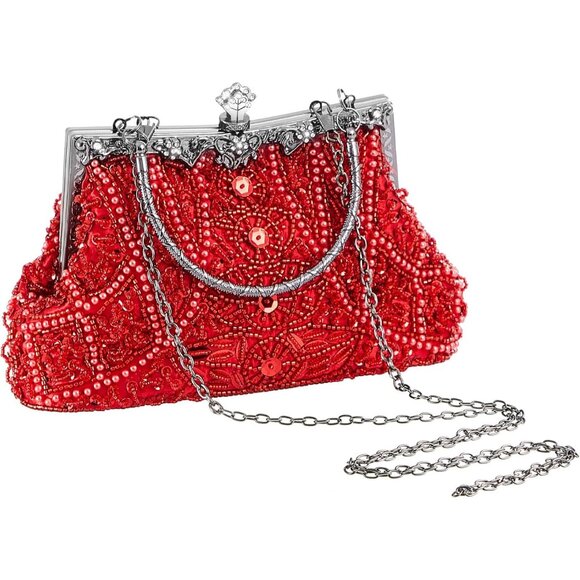 ⚡ Women's Red Rhinestones Vintage Beaded Satin Lining Evening Clutch Bag - Picture 1 of 7